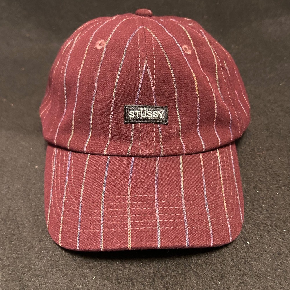 Stussy Pinstripe Baseball Cap Hat Mens OS Burgundy Adjustable Strapback